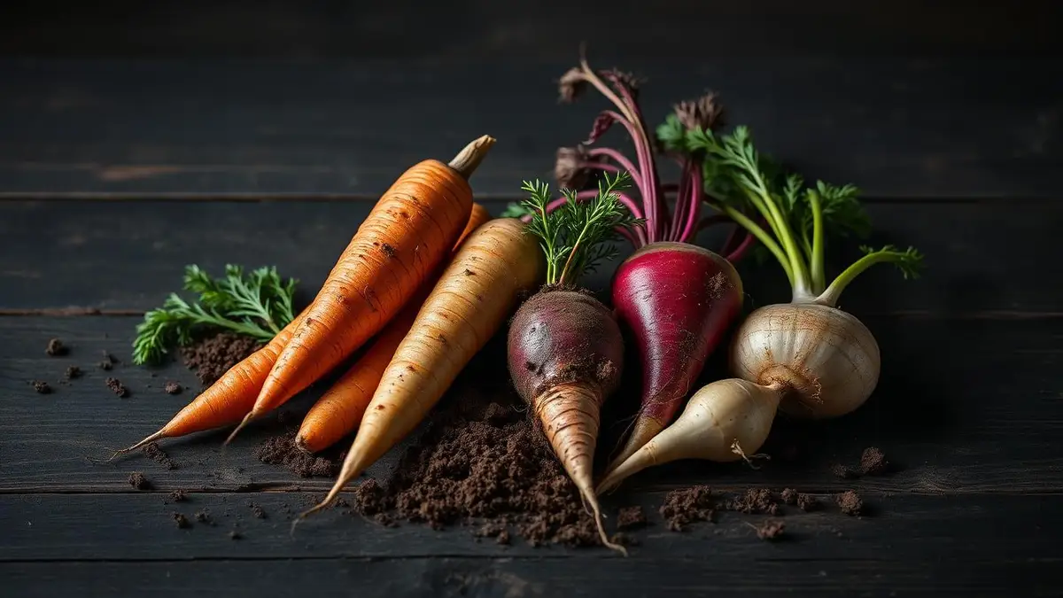Zanahorias, chirivías, nabos y remolachas con tierra sobre madera oscura