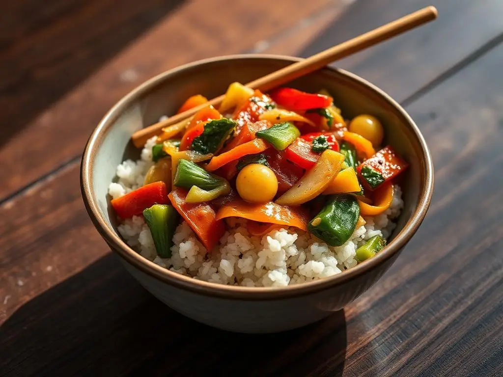 Salteado de verduras coloridas sobre arroz integral en un bol