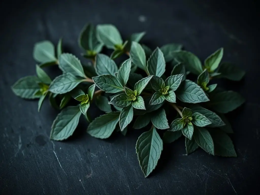 Hojas frescas de salvia de textura aterciopelada sobre pizarra