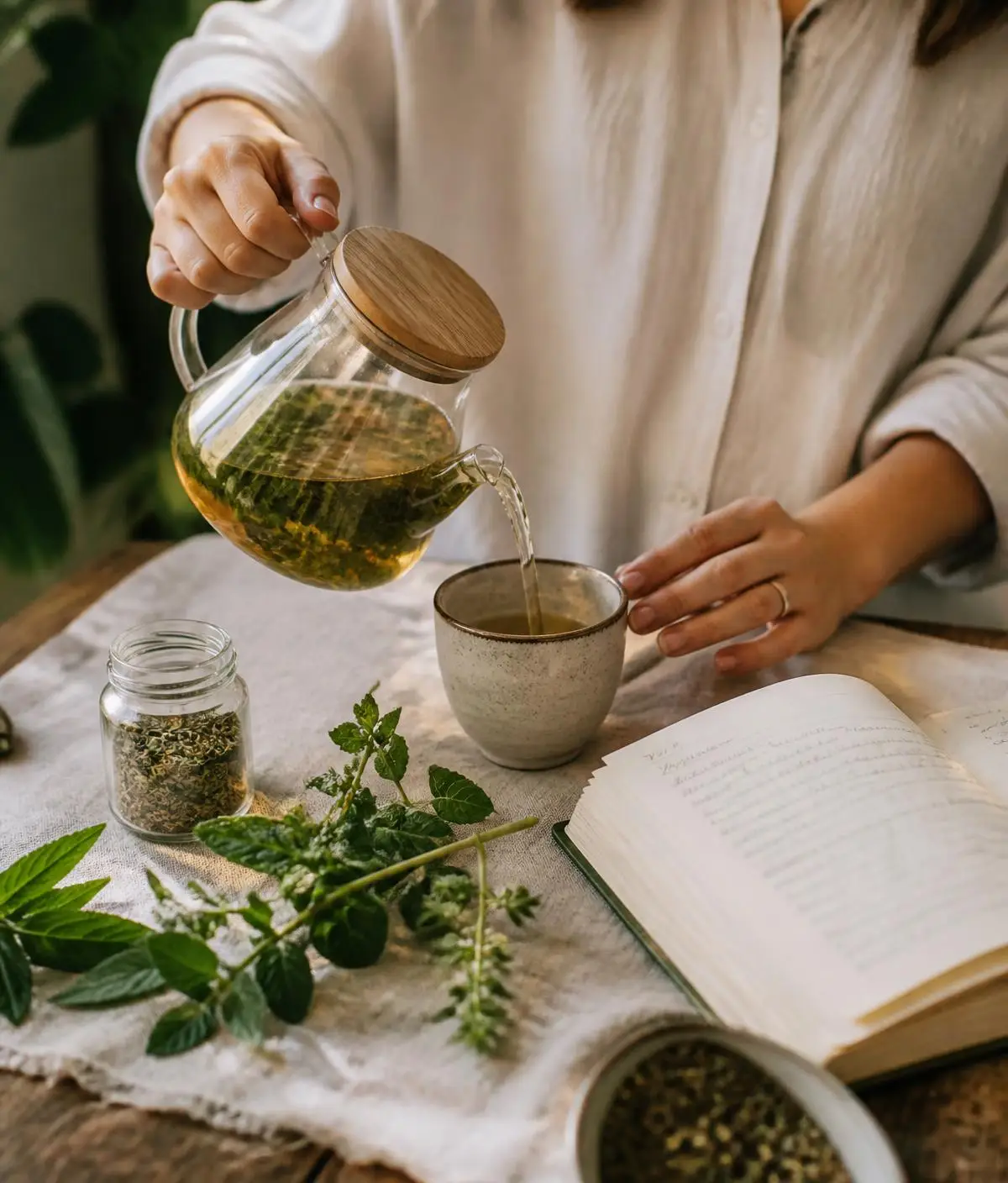 Manos sirviendo una infusión de hierbas frescas junto a un cuaderno de notas