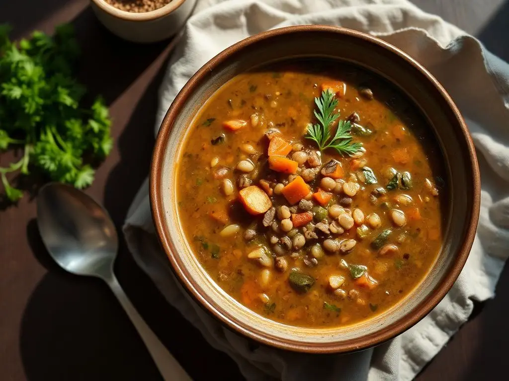 Sopa de lentejas con zanahoria y perejil en un bol de cerámica