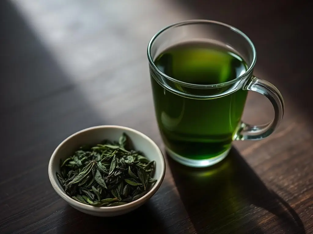 Hojas de té verde en un cuenco junto a una taza de té