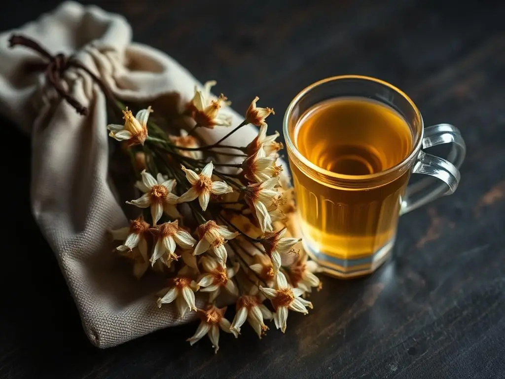 Flores secas de tilo junto a una taza de infusión dorada