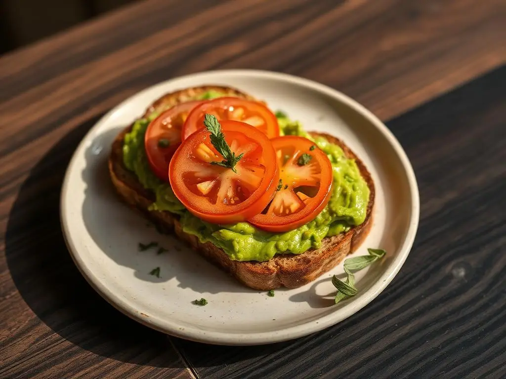 Tostada de pan integral con aguacate machacado y rodajas de tomate
