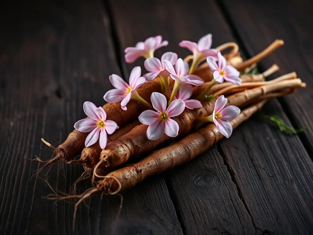 Raíces de valeriana con flores rosadas sobre madera oscura