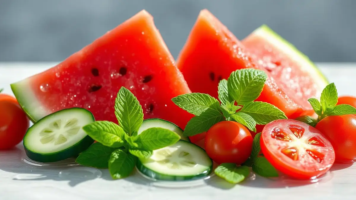Sandía, pepino, tomate y menta fresca con gotas de agua