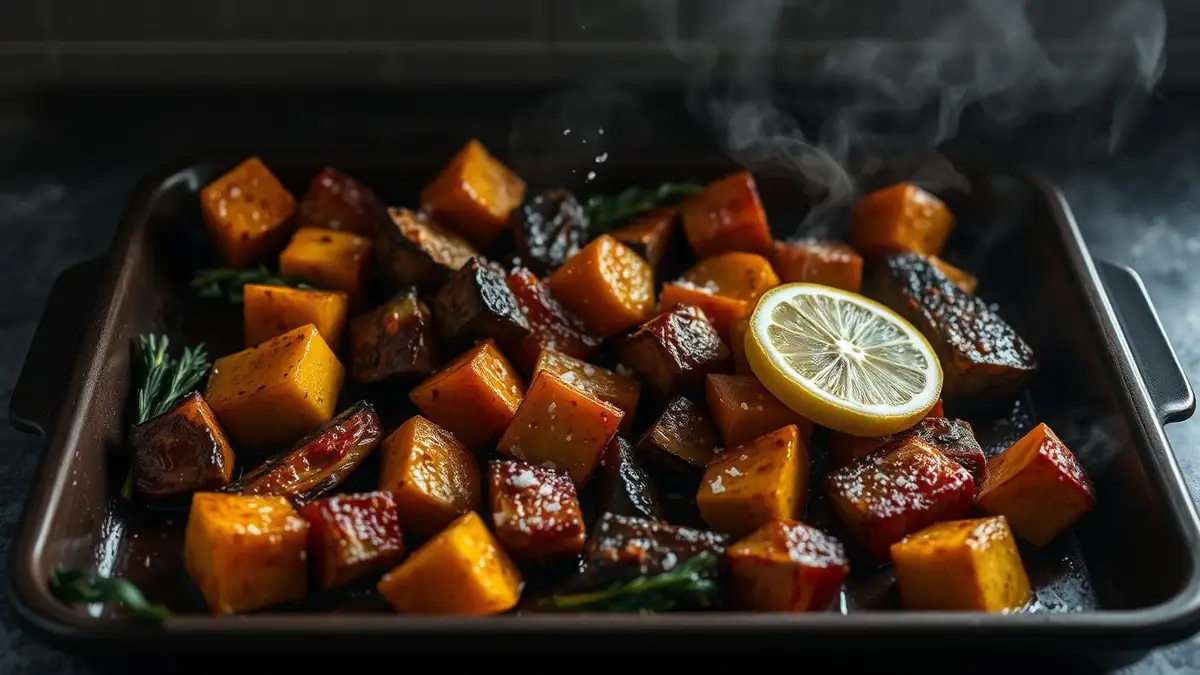 Bandeja de verduras asadas doradas con limón y sal en escamas